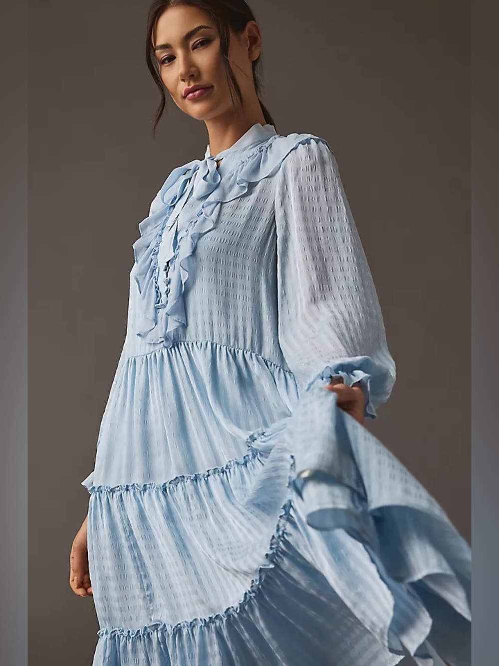 EUC Anthropologie Light Blue Textured Tiered Ruffled V-Neck Neck Tie Midi Dress